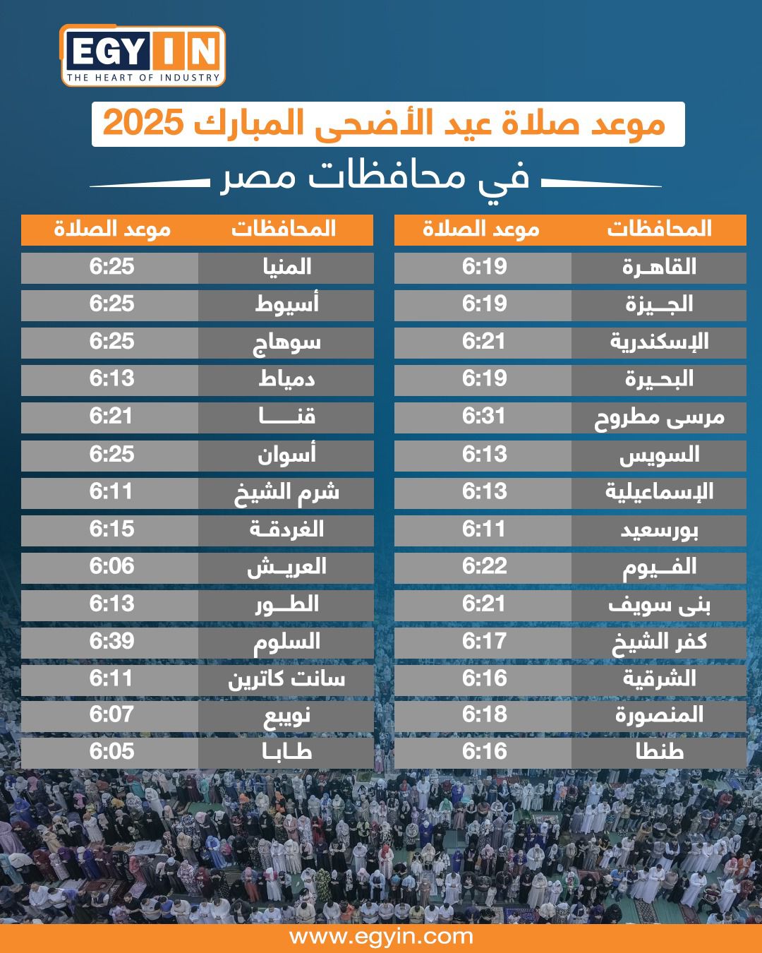 مواعيد صلاة عيد الأضحى 2025 بجميع المحافظات في مصر