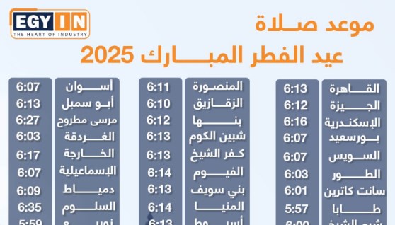 موعد صلاة عيد الفطر المبارك 2025 بمدن ومحافظات مصر