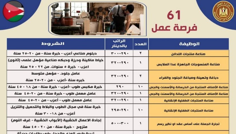وزير العمل يُعلن 61 فرصة جديدة على مهن متنوعة وزير العمل يُعلن 61 فرصة جديدة على مهن متنوعة