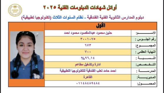 الطالبة حنين من أوائل الدبلومات الفنية