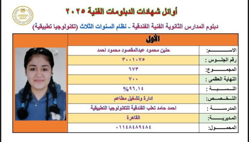 الطالبة حنين من أوائل الدبلومات الفنية الطالبة حنين من أوائل الدبلومات الفنية