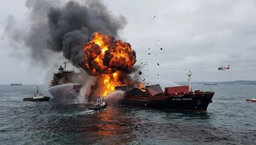 سفينة مشتعلة وسط المحيط - تعبيرية